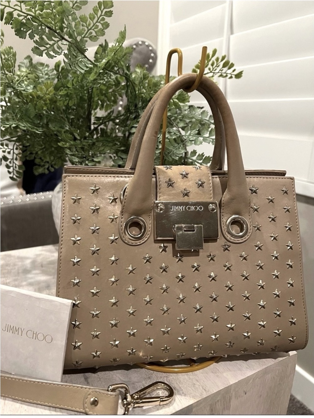 Authentic Jimmy Choo Taupe
Leather Star Studded Satchel
Shoulder/Crossbody Bag
